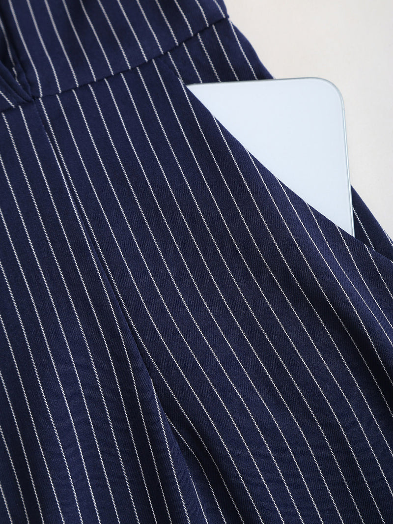 Women's Elegant Vertical Striped Dress with Removable Belt.