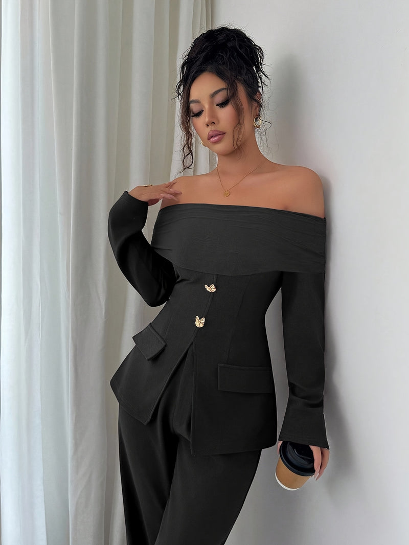 Women's Elegant Versatile Off-Shoulder Top with Mesh Panel Slim Fit Waist Zipper.