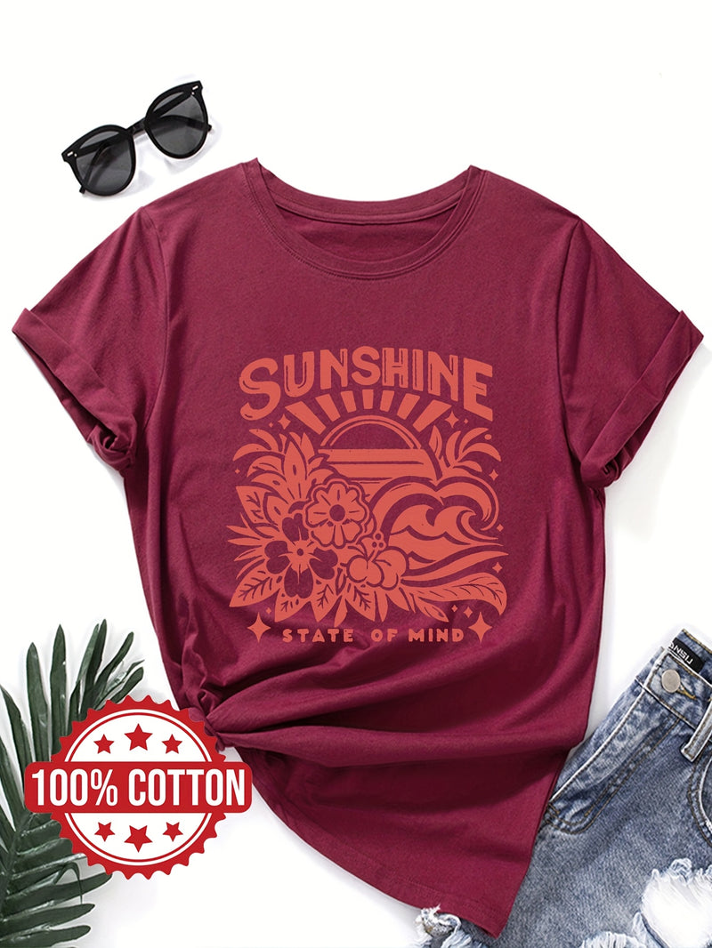 Women's Casual Crew Neck T-Shirt with "SUNSHINE" Graphic Print.