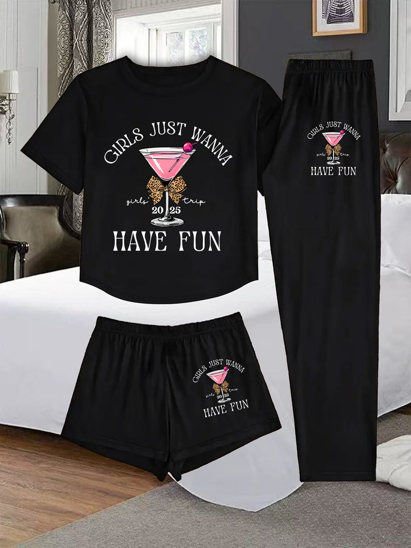 A Three-Piece Women's Loungewear Set, Featuring a Printed Design.