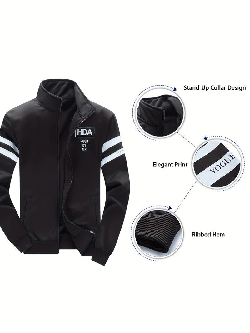 Men's Tracksuits 2pcs Set - Stand Collar Ribbed Hem Sportswear.