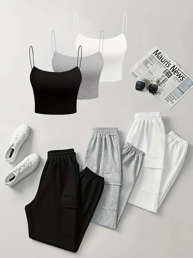 Set of 6 Items Including a Women's Thin Strap Tank Top And Solid Color Long Pants.
