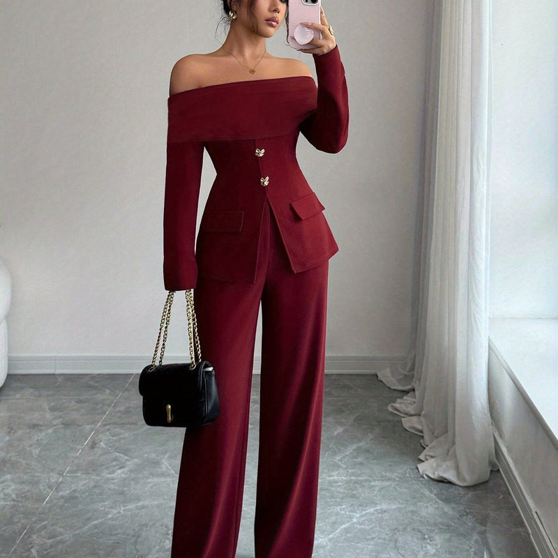 Women's Elegant Versatile Off-Shoulder Top with Mesh Panel Slim Fit Waist Zipper.