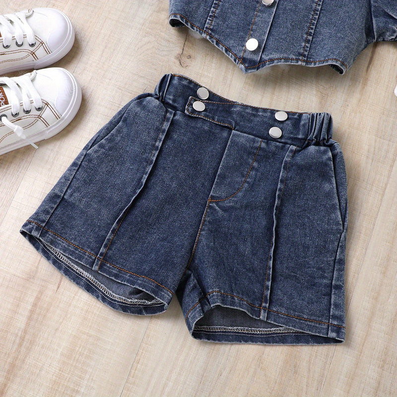 Girls Casual Trendy Stylish Y2K Denim Cropped Top & Shorts Set For Summer Holiday.