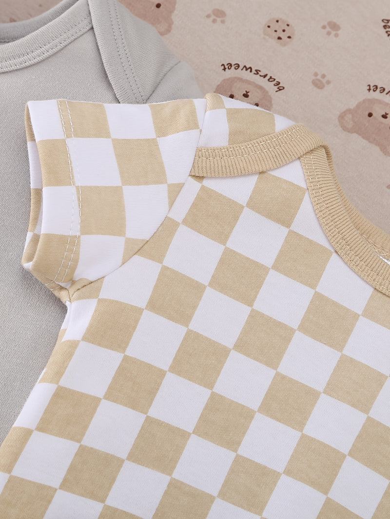 10pcs Boys' Onesies Set - Short Sleeve Snap-Fit Rompers with Bear & Animal Print.