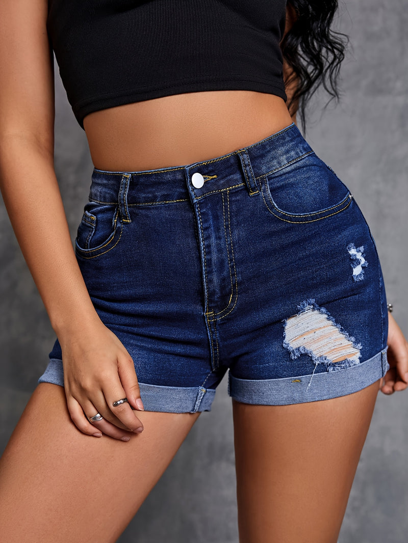 Women's Pocketed Fitted Casual Ripped Shorts.