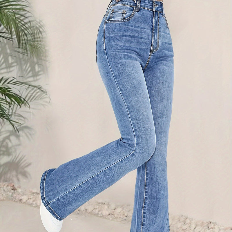 Fashionable And Versatile High-Waisted Stretchy Blue Flared Jeans for Women.