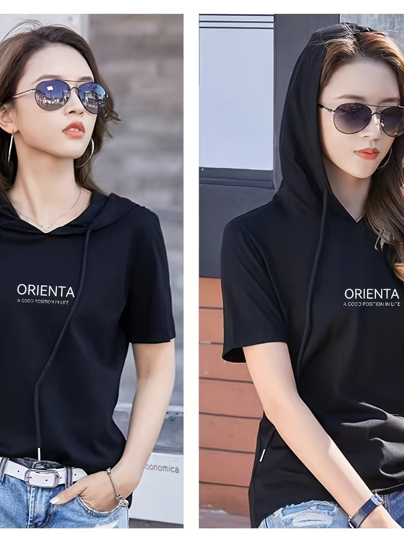 Summer New Korean Version Loose Short Sleeve Thin Trendy Printed Hooded T-Shirt for Women.