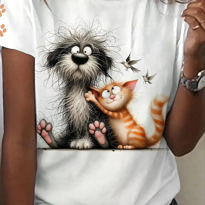 Women's Cute Pet Lover T-Shirt - Dog & Print Short Sleeve Crew Neck Top.