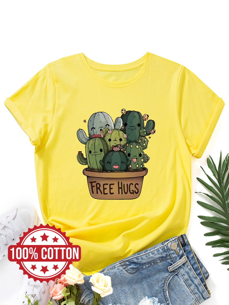 Women's "Free Hugs" Slogan T-Shirt.