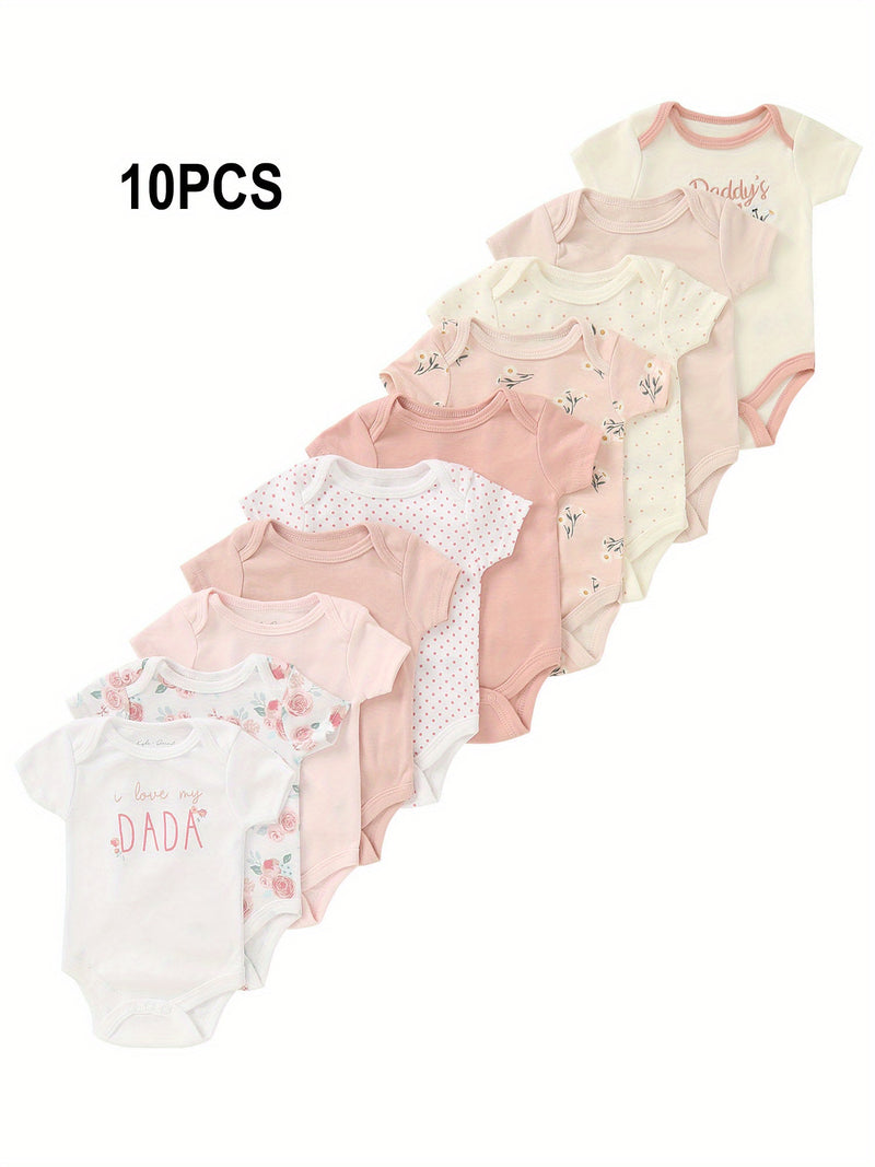 10pcs Newborn Baby Girl Romper with Letter Embroidery.