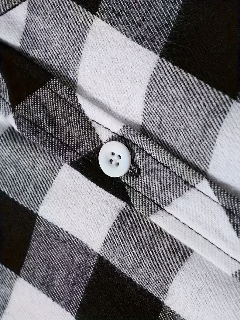 3pcs Men's Plaid Shirt Top with Turn- Collar Long Sleeve Button-Up.