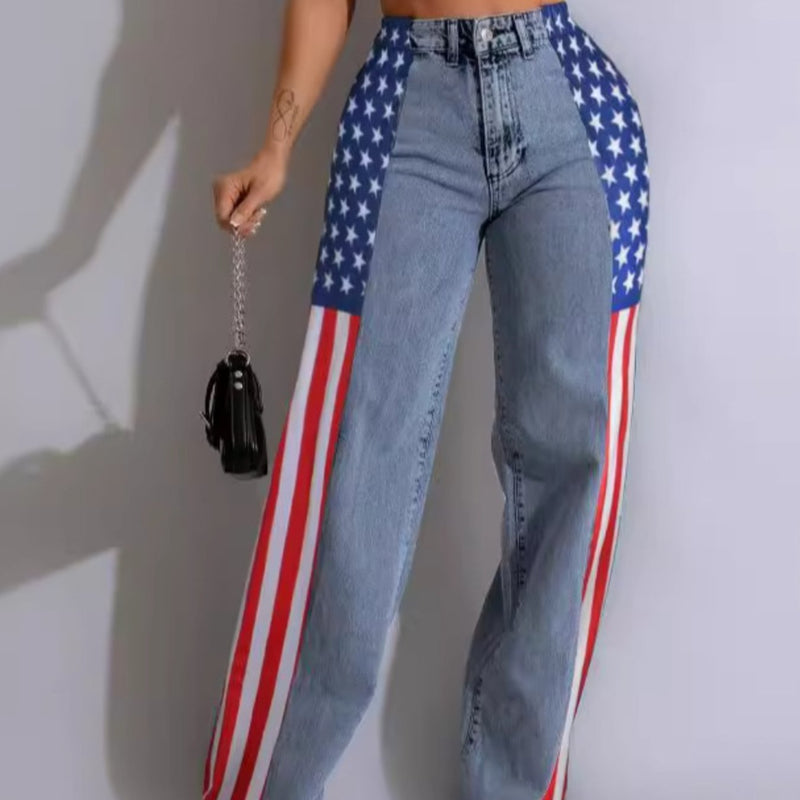 Women's High-Waisted Straight Wide Leg Jeans with American Flag Design.