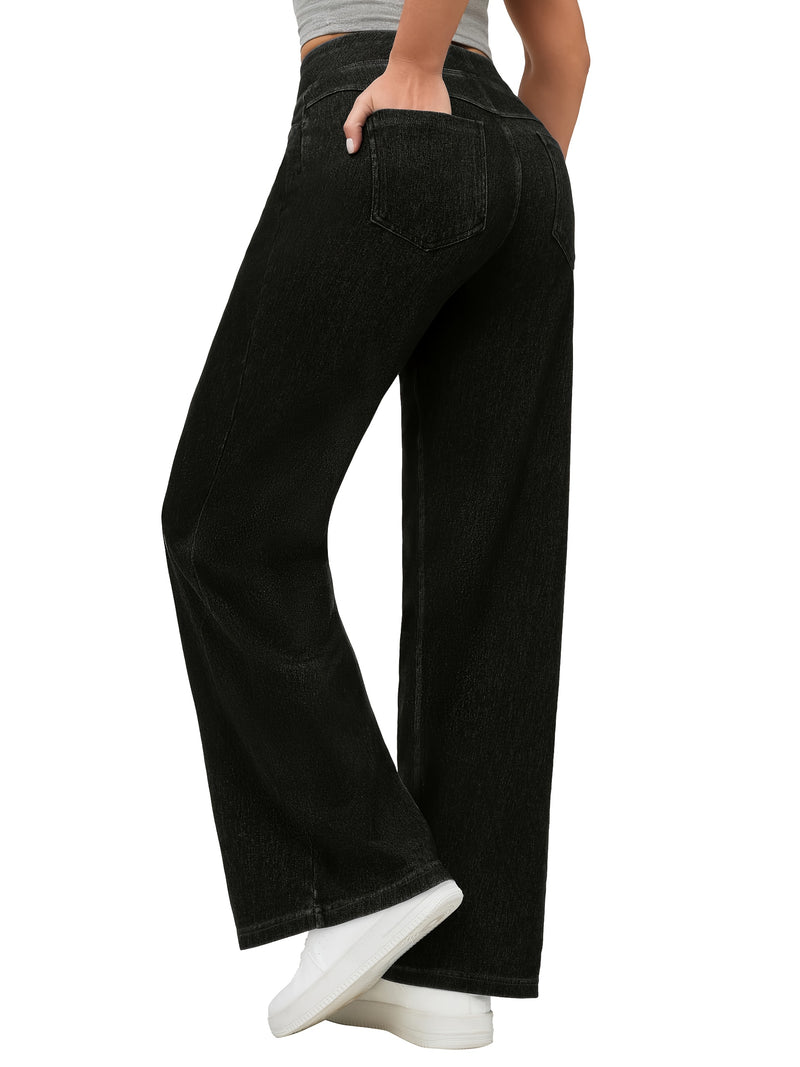 Black Trendy Elastic Waist Straight-Leg Flared Jeans for Women.