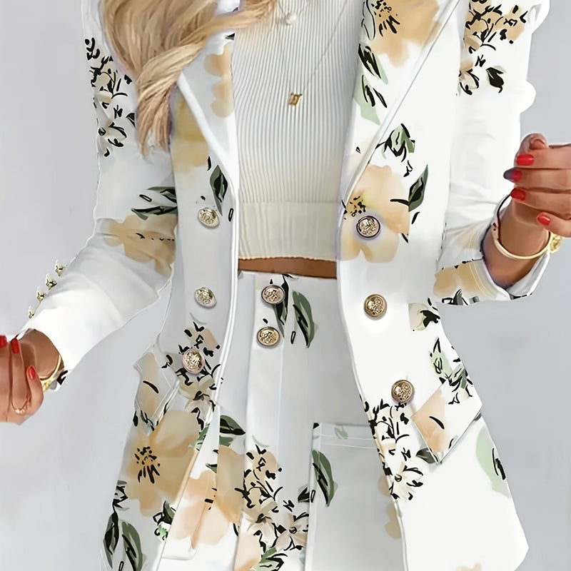 Women's Elegant Floral Print Blazer & Skirt Set.