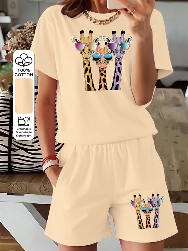 Women's Three-piece Fashionable Giraffe Print Short-sleeve Top and Shorts.