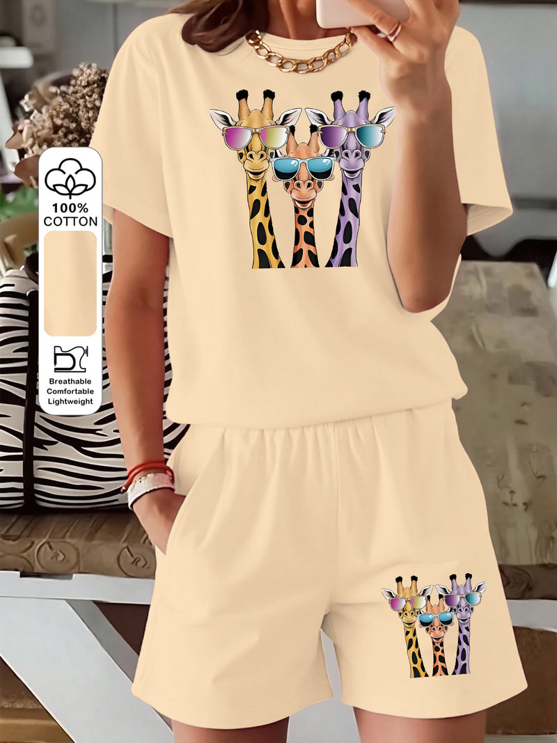 Women's Three-piece Fashionable Giraffe Print Short-sleeve Top and Shorts.