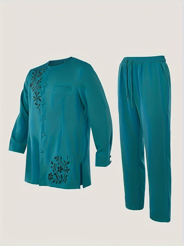 2pcs Men's Casual , Embroidery, Buttons, Pockets, Long-Sleeved Top.