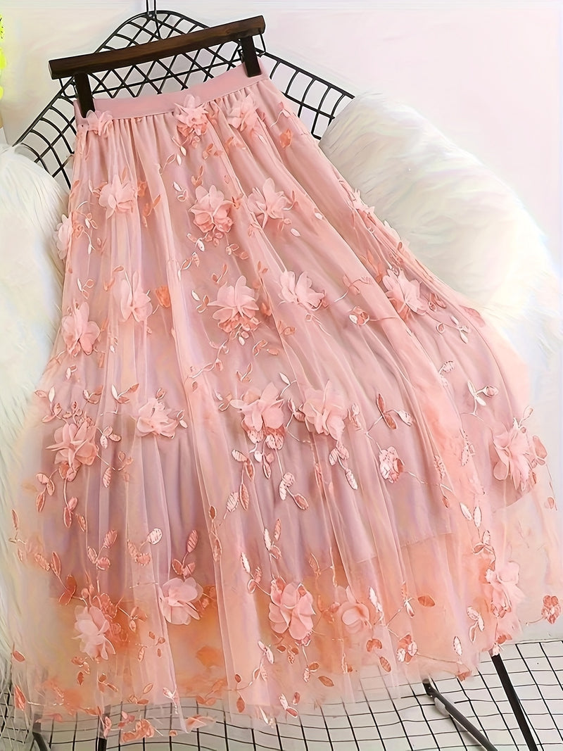 Women’s Double-layer Mesh Flared A-line Embroidered Floral Skirt.