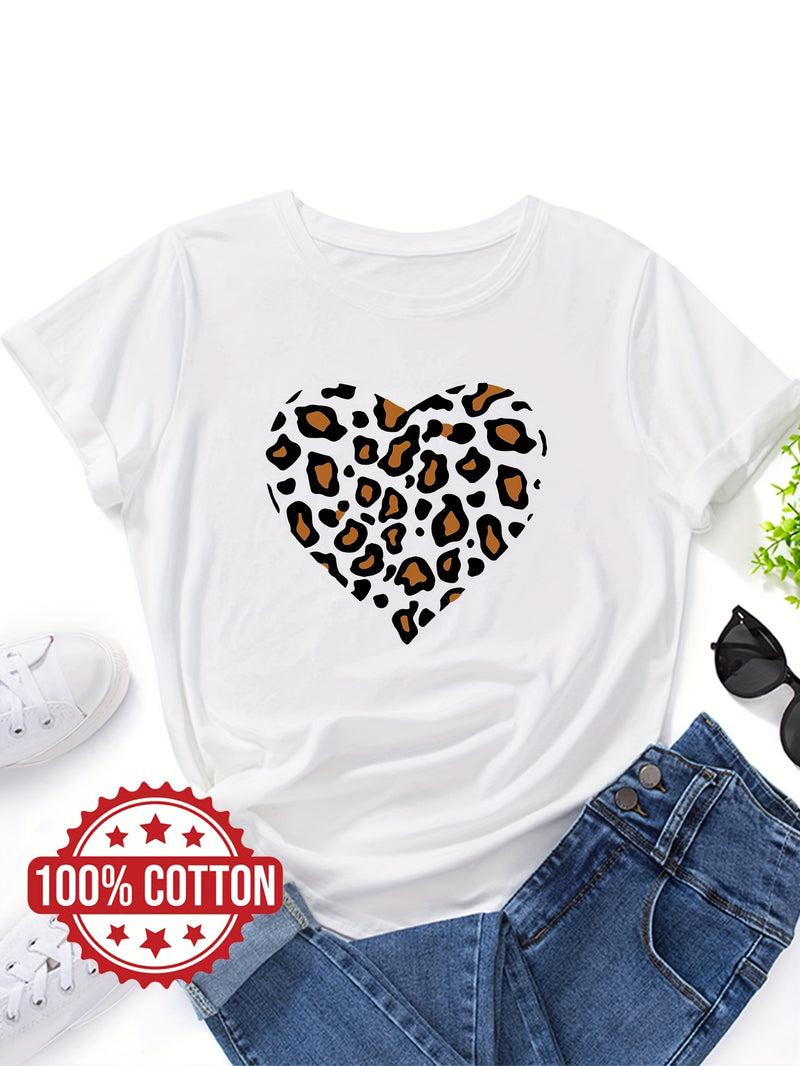 Women's "Leopard-print Heart" Graphic Print T-Shirt.