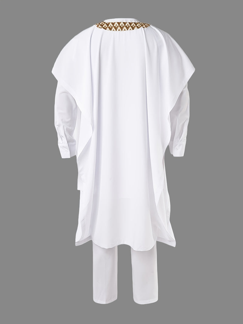Men's Agbada Three-Piece Set, Round Neck, Hidden Buttons.