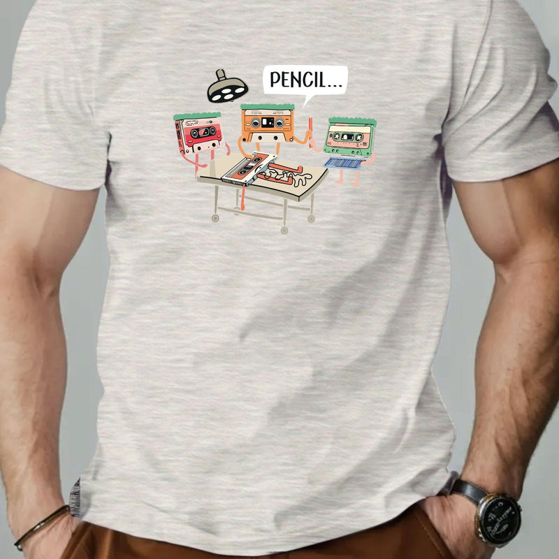 Men's Summer Casual Crew Neck Short Sleeve T-Shirt with Tape Pattern.