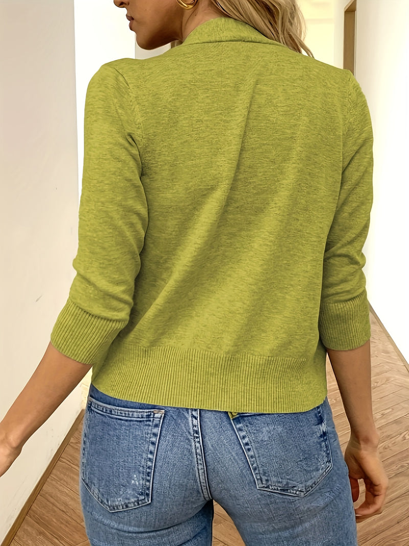 Solid Color Open Front Knit Cardigan, Casual 3/4 Sleeve Top.