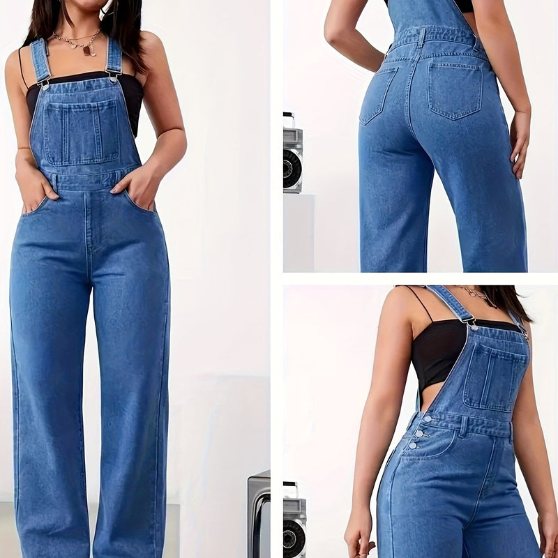 Women's Suspender Wide-Leg Pants, Solid Color Casual.
