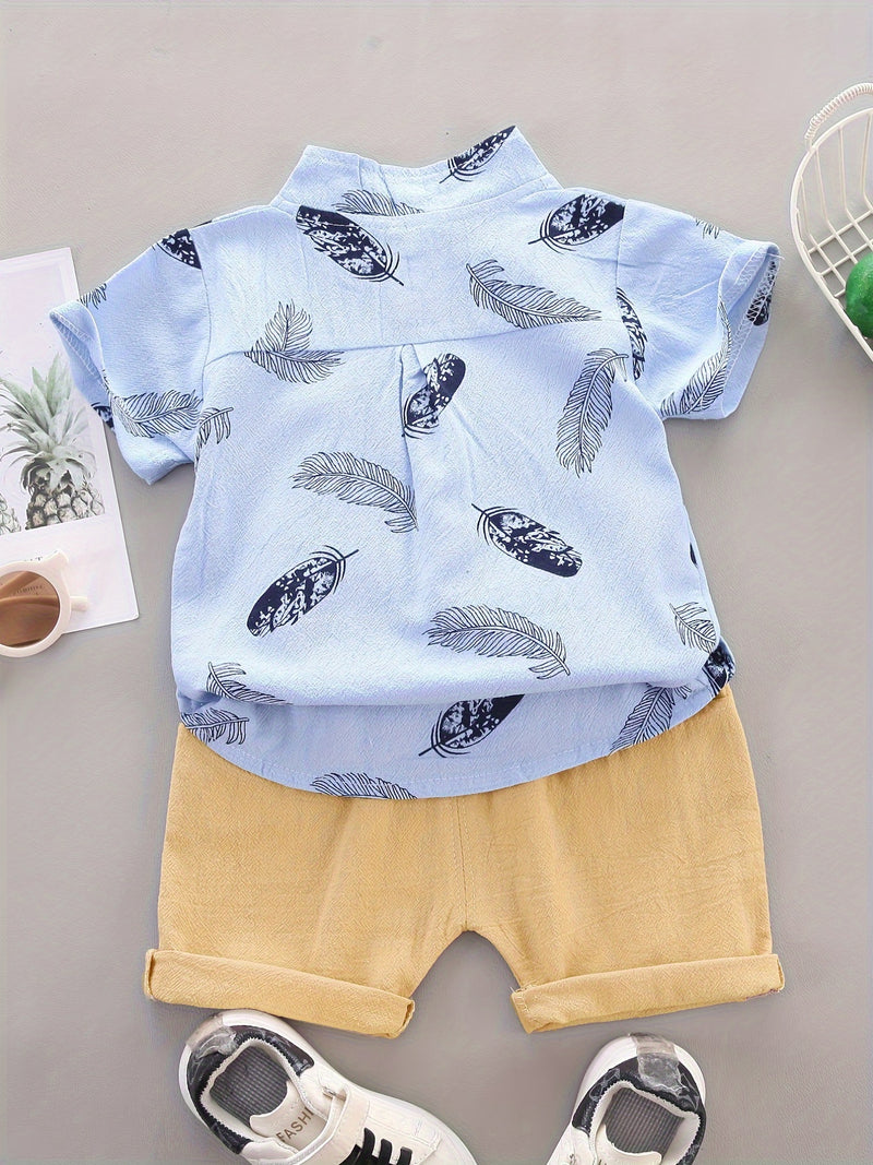 2pcs Boys' Casual Feather Shirt and Shorts Set Vibrant Yellow with Blue Accents.
