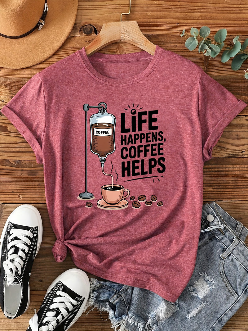 Women's Coffee-Themed T-Shirt with "Coffee Helps" Slogan.