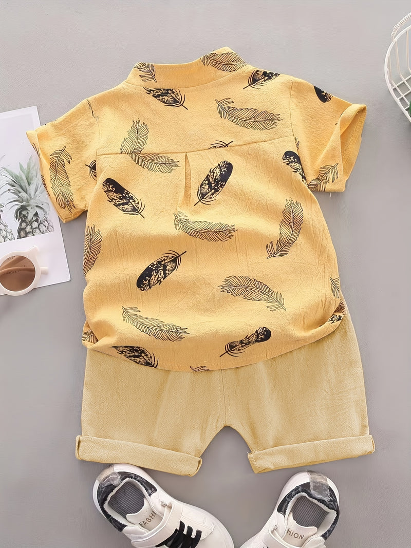2pcs Boys' Casual Feather Shirt and Shorts Set Vibrant Yellow with Blue Accents.