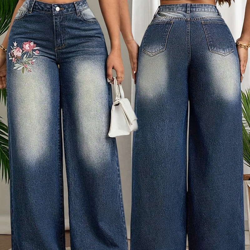 Women’s Spring/Summer New Floral Embroidered Stretch Wide-Leg Pants.