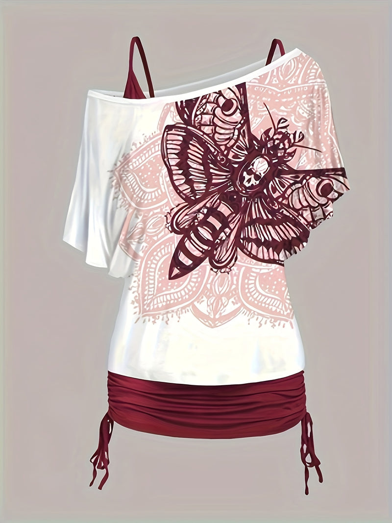 Women’s Off-Shoulder Top with Butterfly Print And Three-Quarter Pants.