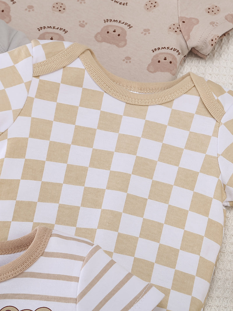 10pcs Boys' Onesies Set - Short Sleeve Snap-Fit Rompers with Bear & Animal Print.