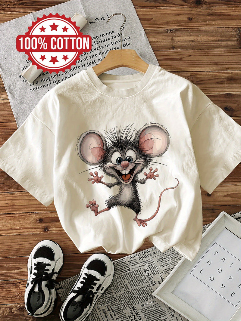 Women's Cotton Cartoon Mouse Graphic Print T-Shirt.