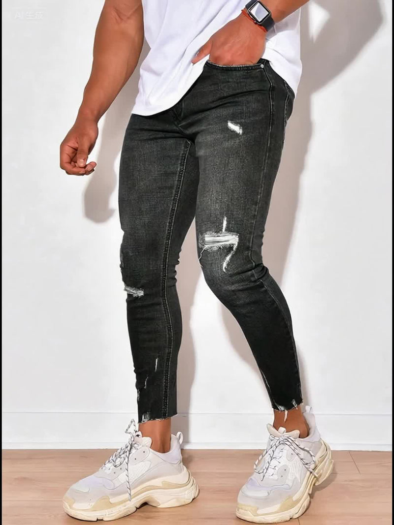 Men's Slim-Fit Jeans - Dark Washed Stretchy Denim with Distressed Details.