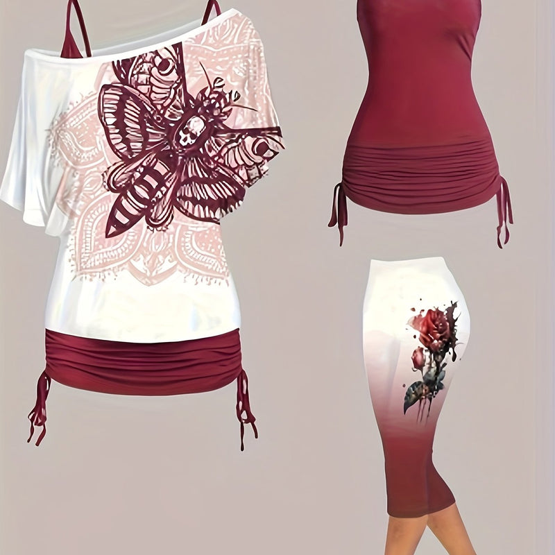 Women’s Off-Shoulder Top with Butterfly Print And Three-Quarter Pants.