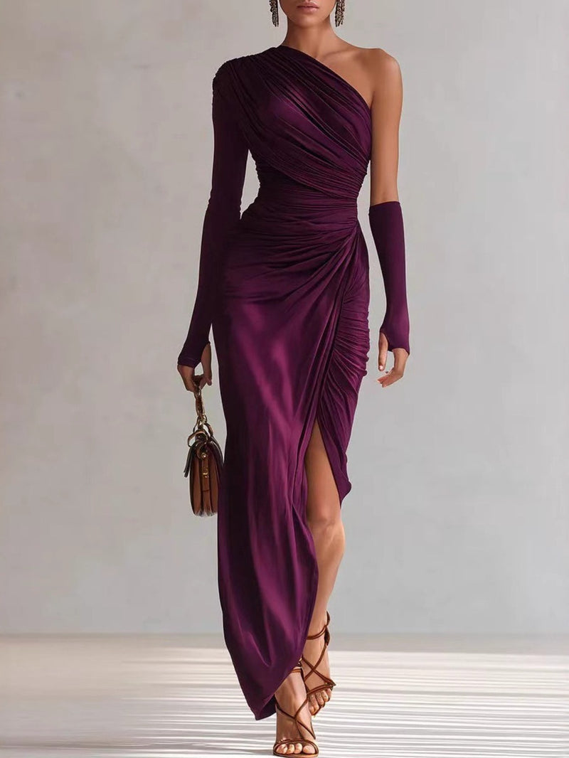 Women’s Spring and Autumn's New Solid-color Textured Long-sleeved Elegant French Dress.