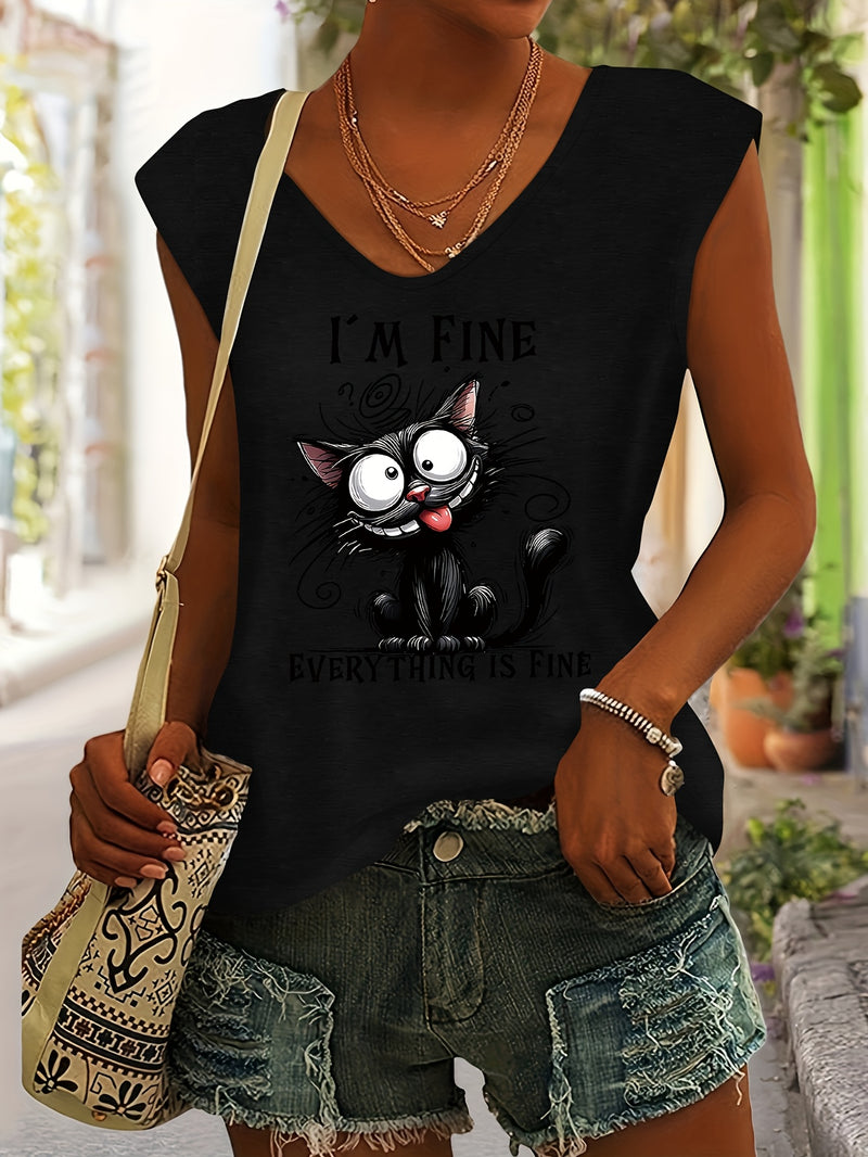 Women’s Cute Cat Print Rayon V-Neck Short Sleeve T-Shirt.