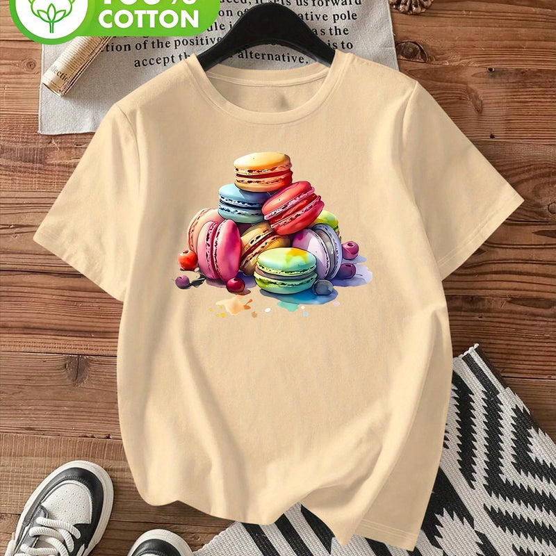 Women's Stylish Macaron Print Round Neck Short Sleeve T-Shirt.