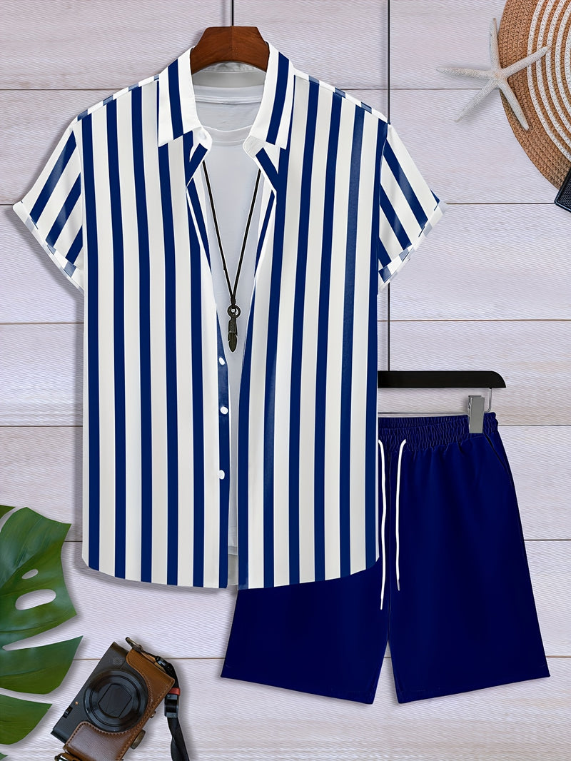 Men's Fashion 2pcs Set Blue and White Vertical Striped Button.