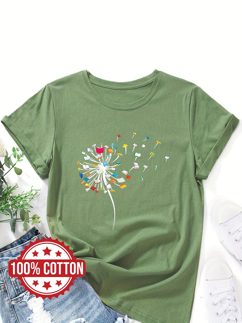 Women's "Dandelions and Books" Graphic T-Shirt.