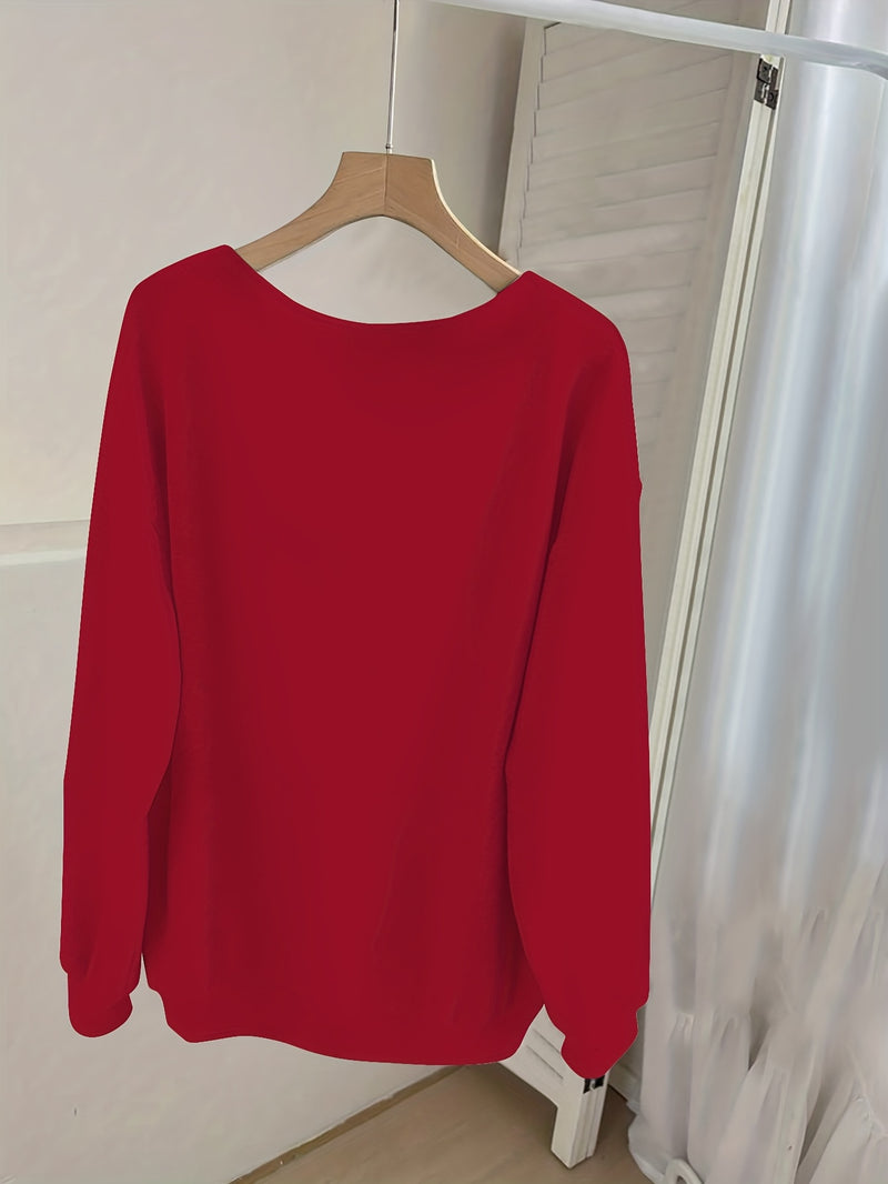 Women's Pink V-Neck Long Sleeve Sweater with German Letter Print.