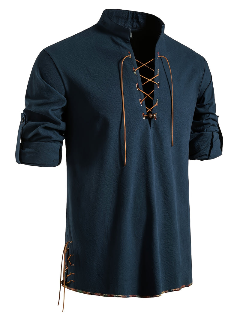Men's Henley Shirt Long Sleeve Casual Beach Stand Collar Shirt.
