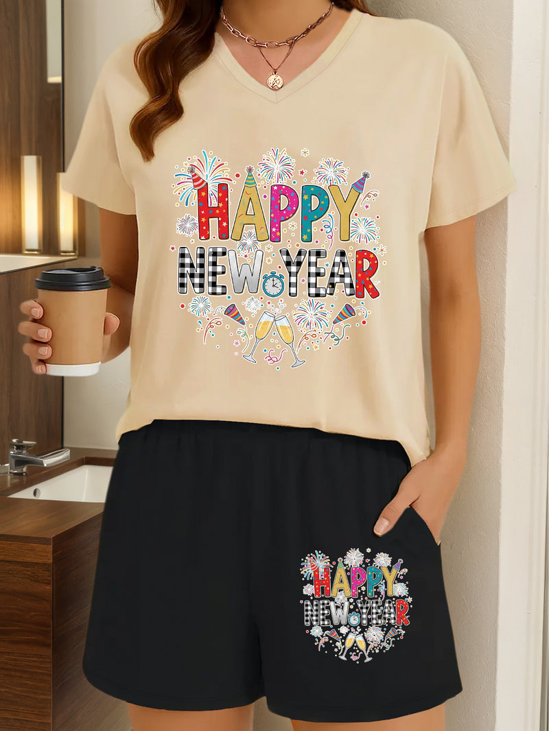 2pcs Women's Y2K Elegant V-Neck Short-Sleeve Blouse & Matching Shorts.