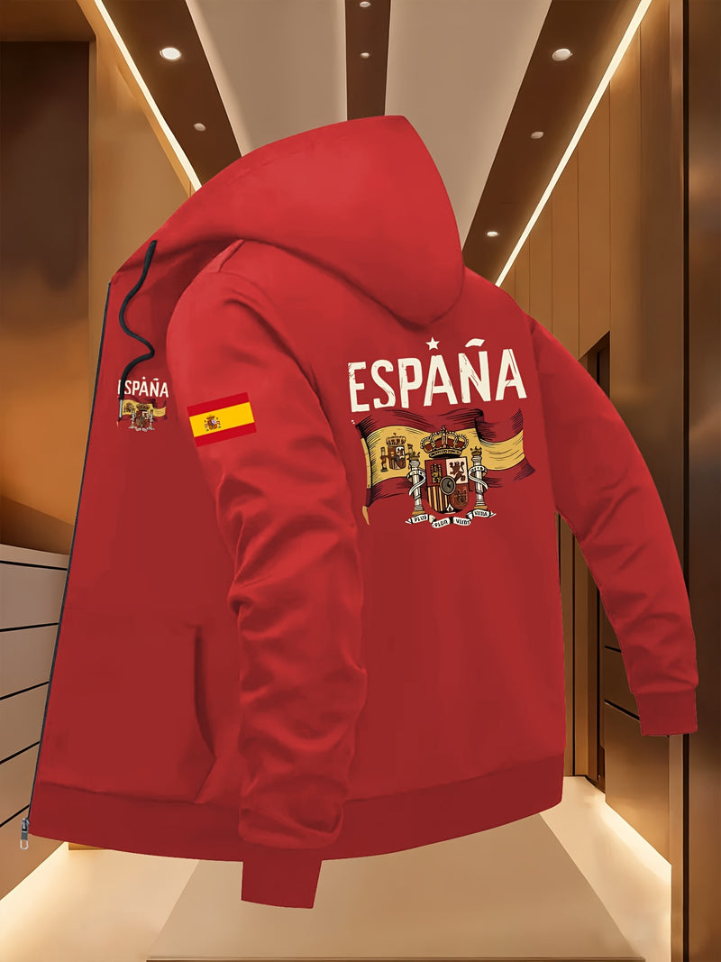 Men's Spanish Flag & Spain Lettering Print Hooded Jacket.