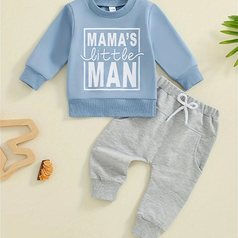 Baby Boy's Sweatshirt And Pants Set with 'Mom'S Little Man Print.