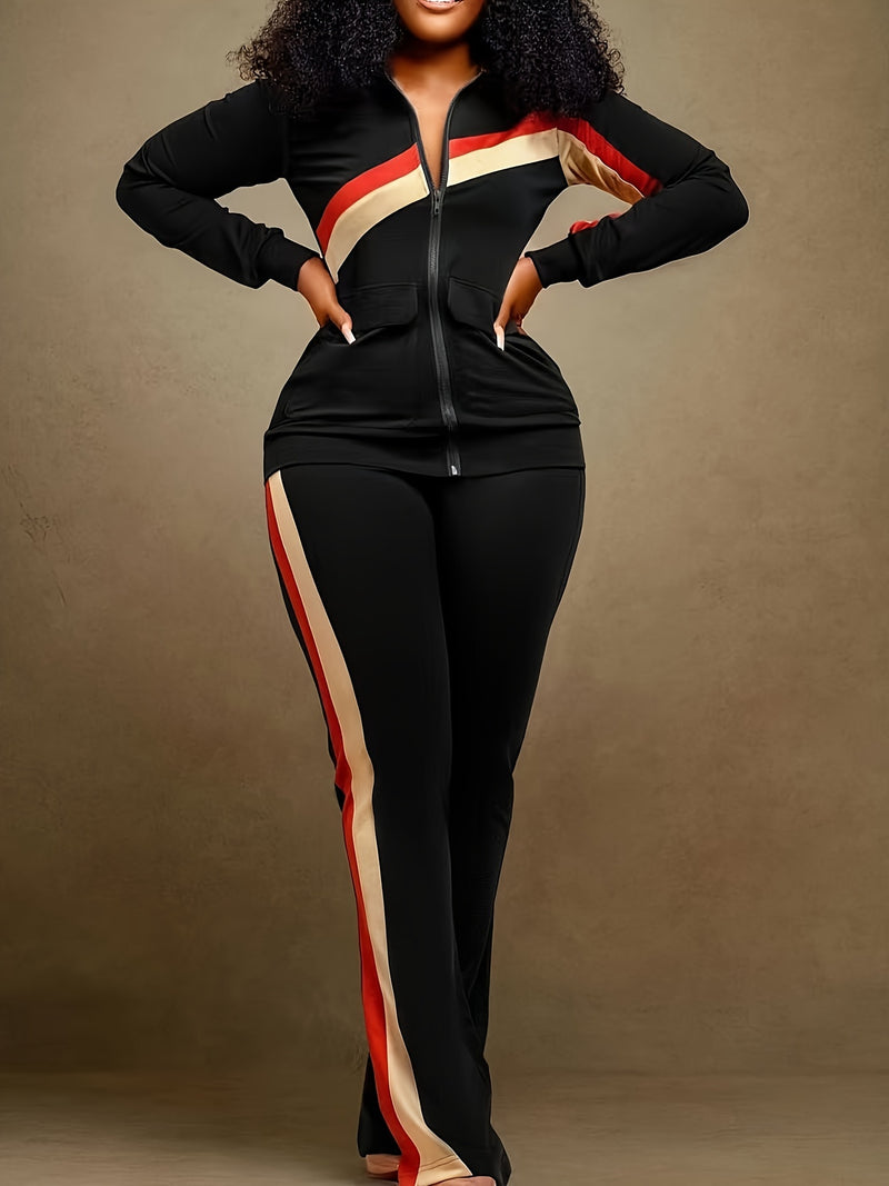 Women's Color-Blocked with Pockets, Stylish And Casual Two-Piece Set.