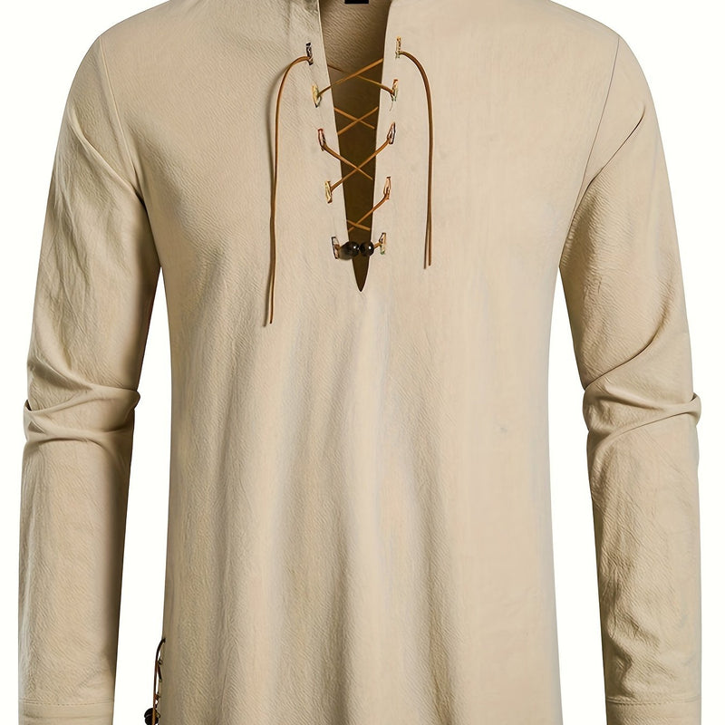 Men's Henley Shirt Long Sleeve Casual Beach Stand Collar Shirt.