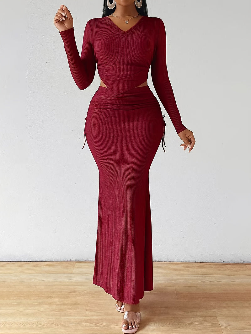 Women's 2pcs Long Sleeve V-Neck Top + Mid-Length Waist-Cinching Side-Tie.